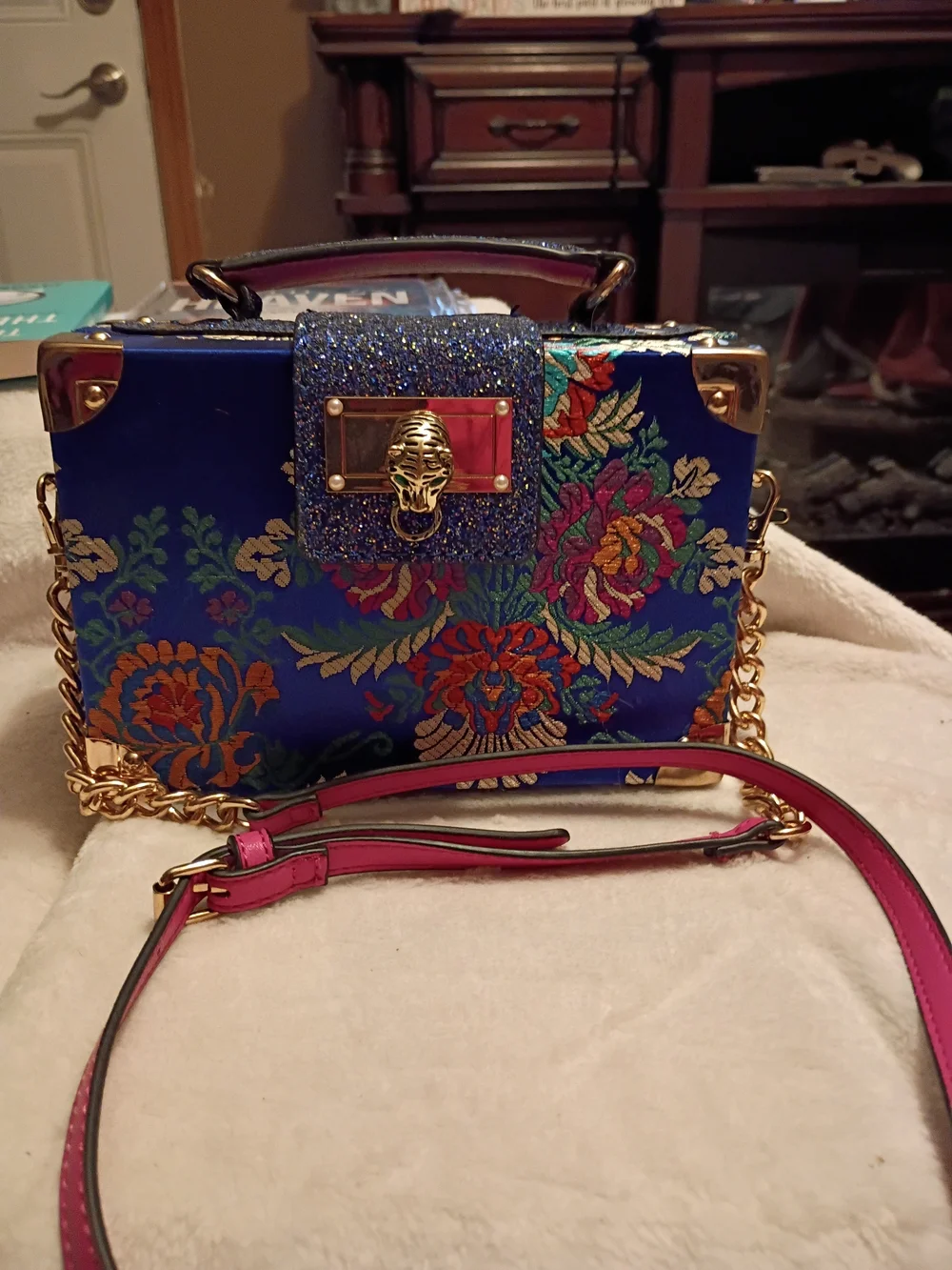 Aldo Asian Inspired BrocadeBlue Floral Box Crossbody with Gold Hardware
